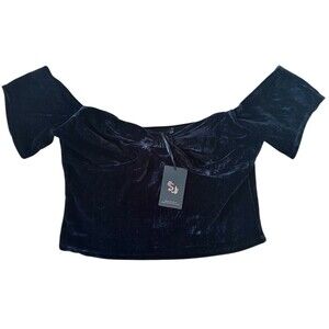 Sincerely Jules Junior's Velour Crop Top Short Sleeve Knot Neck Size L Black